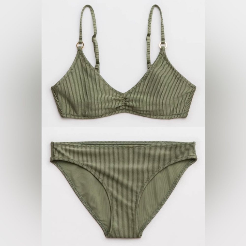 NWT Aerie FULL SET Beach Babe Shine Rib Voop + Full Coverage Bottom in Olive 🫒 M